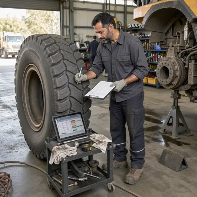 a worker in a maintenance shop using a tablet to inspect a large haul truck tire while recording data on a clipboard