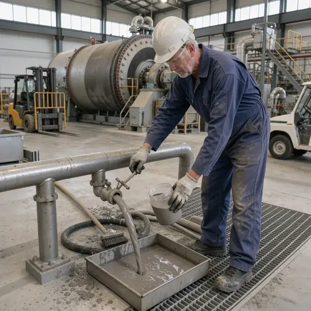 a worker in coveralls taking a slurry sample from a pipe at a large ball mill inside a mineral processing plant