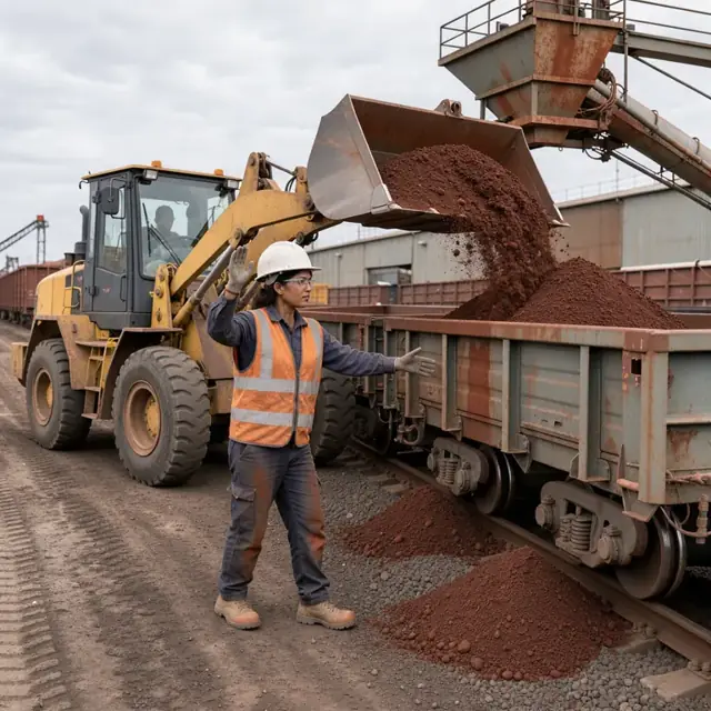 a worker guiding a front-end loader filling a rail car with iron ore concentrate under an overhead chute