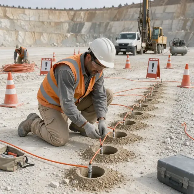 a worker connecting shock tube to a series of blast holes on a bench with safety cones and warning signs visible