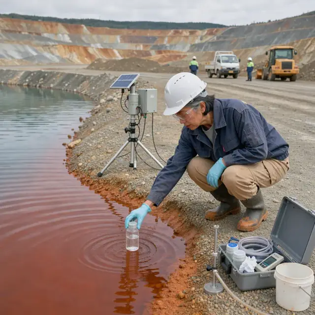 a worker collecting a water sample from a settling pond at an open-pit mine site with monitoring equipment nearby
