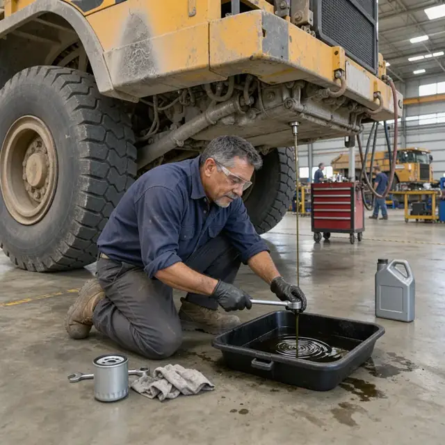 a worker performing an oil change on a large underground haul truck inside a brightly lit mine maintenance shop
