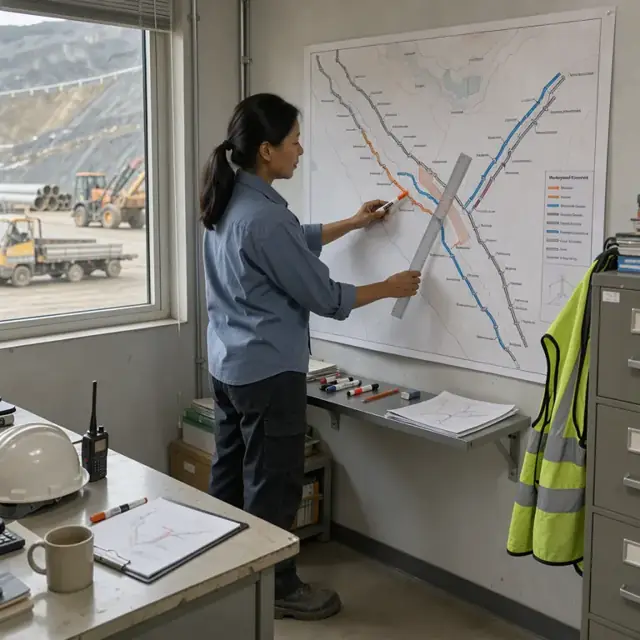 a worker marking active headings and haul routes on a large underground mine map pinned to a wall inside the planning office