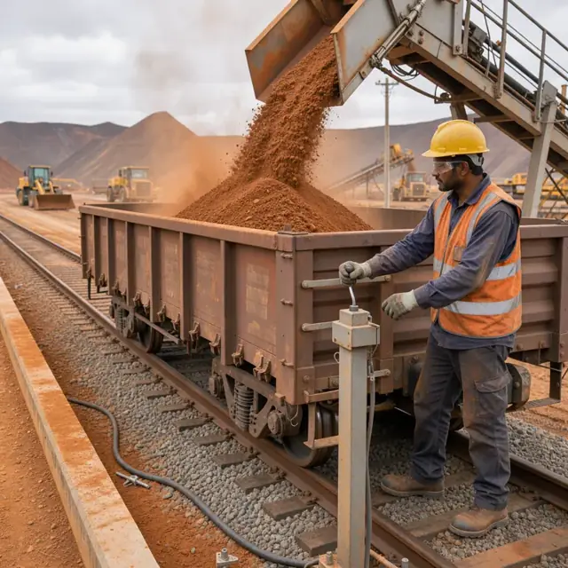 a worker filling a railcar with copper concentrate under a loading chute at a mine stockpile