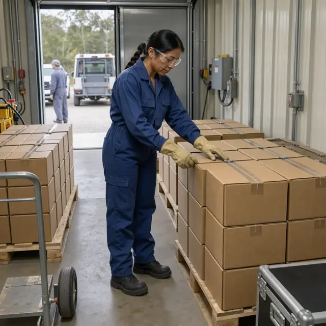 a worker in coveralls checking stacked boxes of explosives and detonators inside a secure above-ground magazine