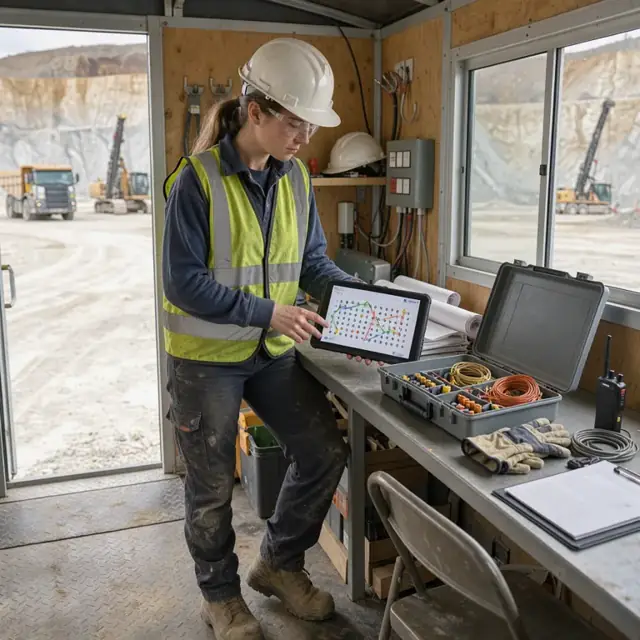 a technician in a quarry control trailer reviewing a blast pattern diagram on a tablet while standing next to a box of electronic detonators