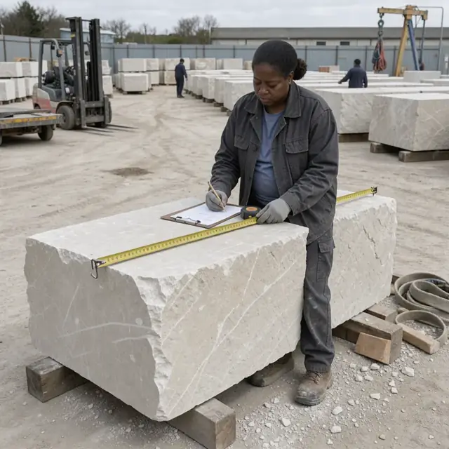 a worker measuring a large rectangular stone block with a tape and writing dimensions on a clipboard while standing in a stone storage yard surrounded by hundreds of similar blocks