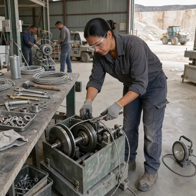 a mechanic in a quarry workshop changing a diamond wire on a large wire saw machine with tools and spare parts laid out on a workbench