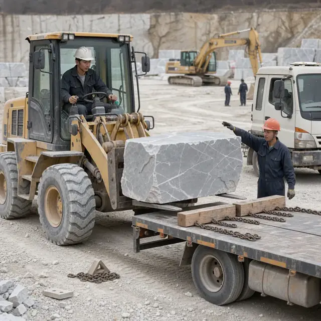 a loader operator positioning a large stone block onto a flatbed truck in a quarry yard with chains and blocking already prepared on the trailer