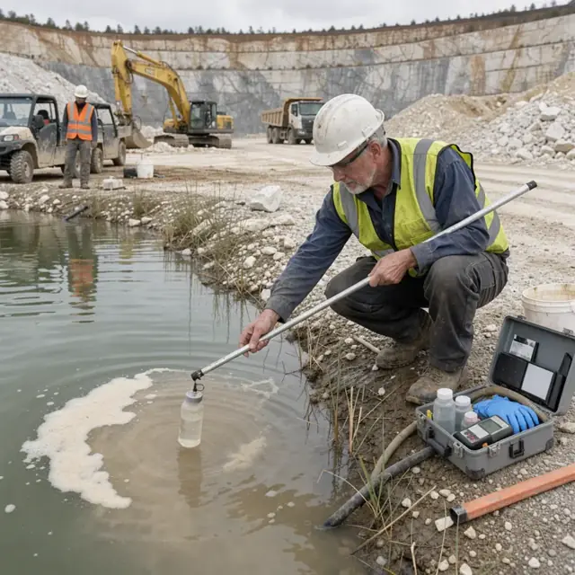 a worker in safety vest and hard hat taking a water sample from a quarry sedimentation pond with limestone walls in the distance