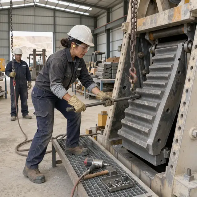 a mechanic replacing manganese crusher liners on a large jaw crusher inside a quarry maintenance shop