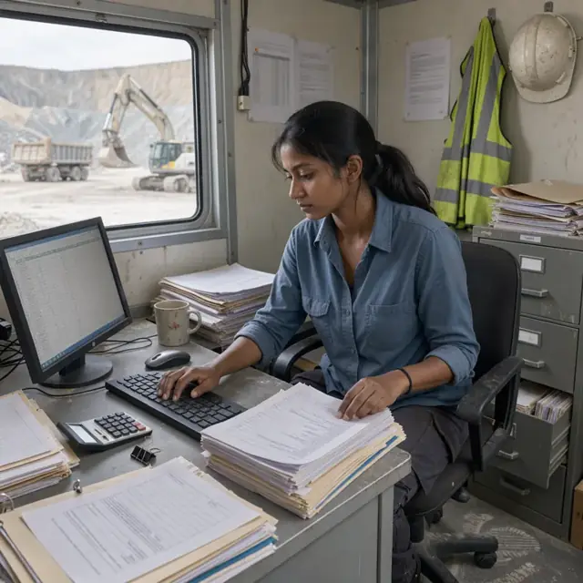 a worker organizing paper records and entering data at a desk inside a quarry office trailer