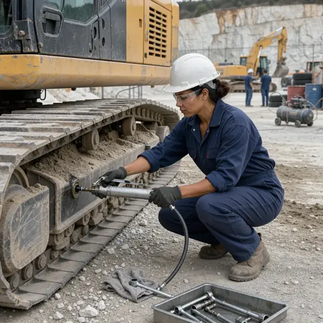 a worker performing lubrication on the tracks of an excavator in a quarry maintenance yard