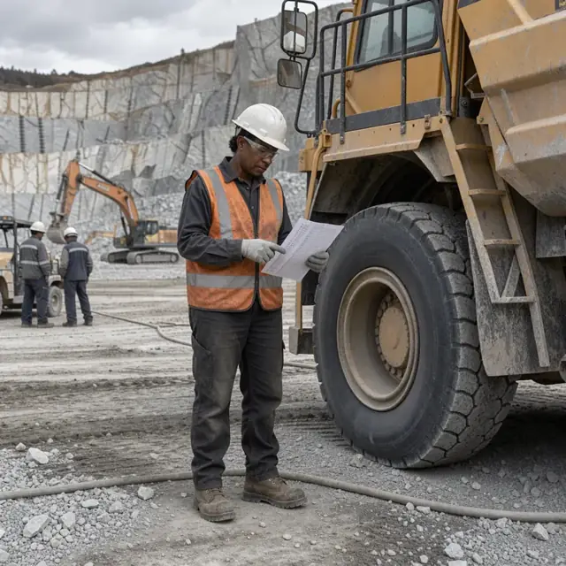 a worker reviewing a printed schedule while standing beside a large haul truck at the base of a granite quarry face