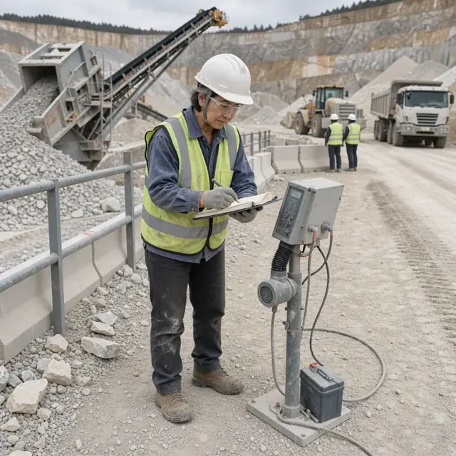a worker wearing a hard hat and safety vest recording readings from a dust monitor next to a quarry crusher