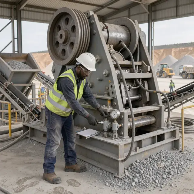 a worker in hard hat and high-visibility vest adjusting the closed side setting on a large jaw crusher inside a quarry plant