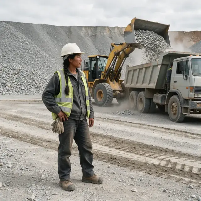 a front-end loader filling a dump truck at the base of a large crushed stone stockpile in a quarry