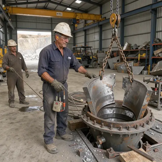 a mechanic in a quarry workshop using an overhead crane to remove worn manganese liners from a cone crusher