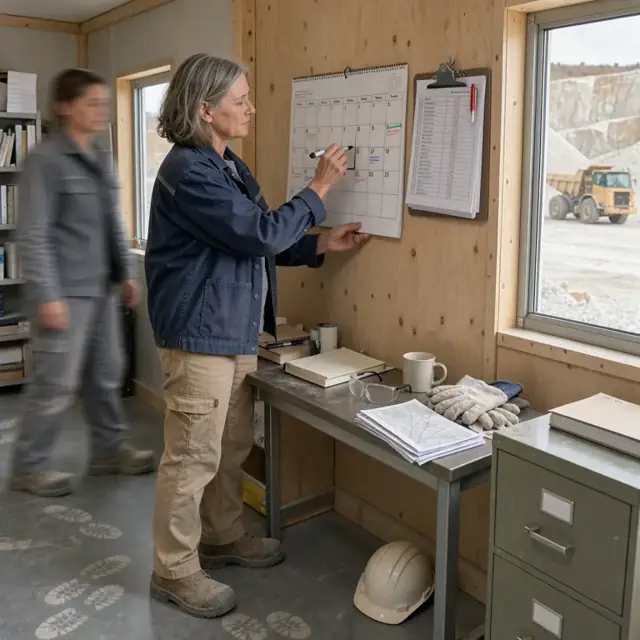 a worker in a quarry office updating a wall calendar of permit deadlines next to a clipboard of daily inspection forms