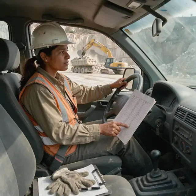 a worker in a pickup truck cab reviewing a dispatch sheet while watching an excavator loading a haul truck at the quarry face