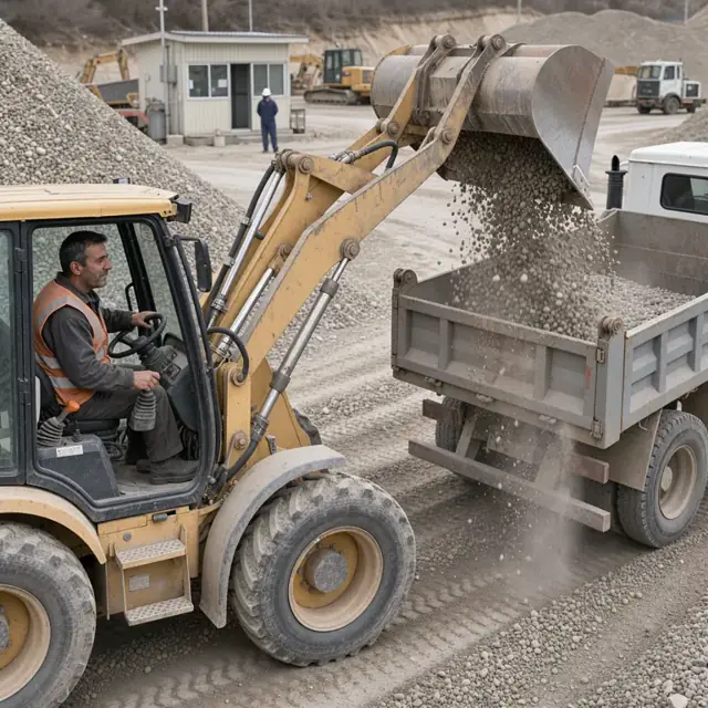 a loader operator filling a dump truck from a gravel stockpile while the scale house is visible in the background