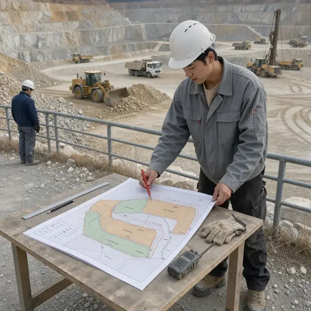 a worker standing at a quarry overlook marking the active pit face on a printed map with a loader working below