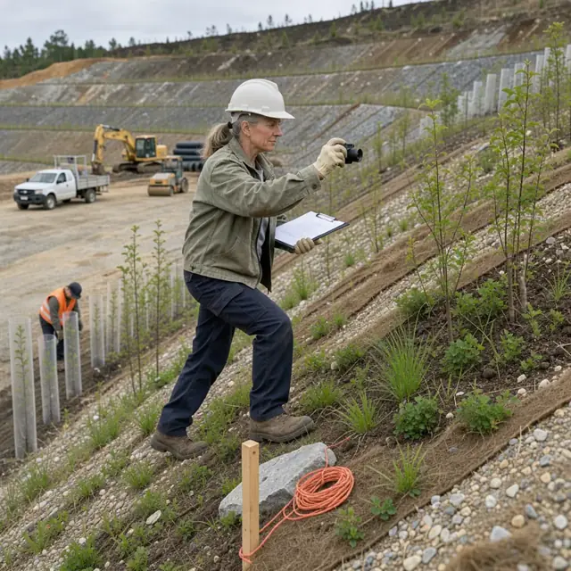 a worker walking a reclaimed mine slope with a clipboard while photographing vegetation growth