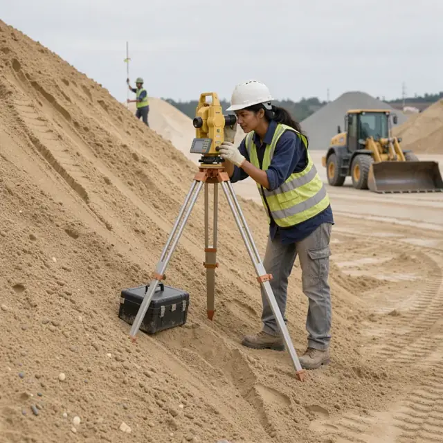 a worker on a sand stockpile using a surveying instrument to measure pile volume with a front-end loader in the background