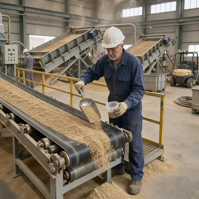 a worker in coveralls taking a sand sample from a conveyor belt inside an industrial processing plant with vibrating screens visible