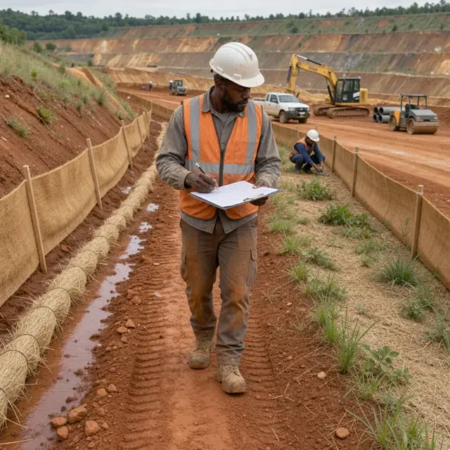 a worker walking a reclaimed clay mine bench with a clipboard noting vegetation growth and erosion control