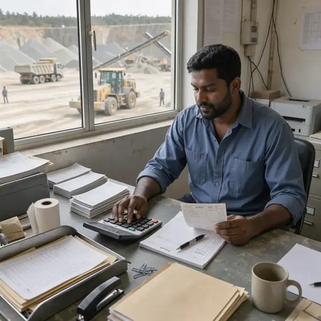 a worker reviewing printed scale tickets and preparing invoices at a desk overlooking the quarry yard