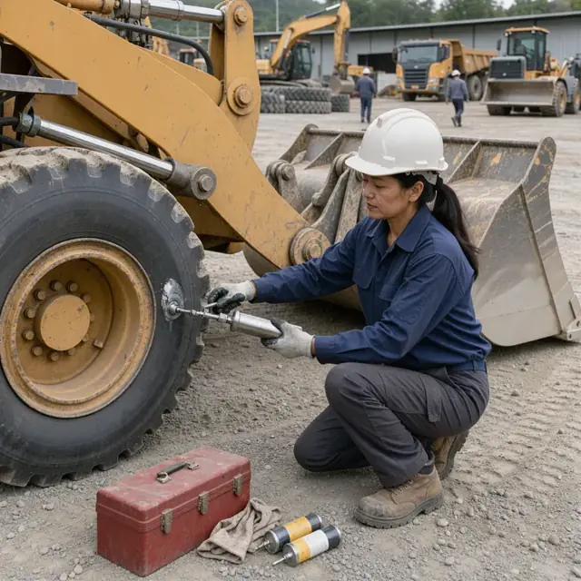 a worker performing lubrication on a large wheel loader in an outdoor quarry maintenance yard surrounded by heavy equipment