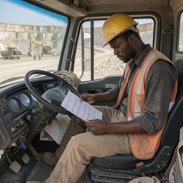 a worker in a haul truck cab reviewing a daily schedule printout while parked at the edge of an active quarry pit