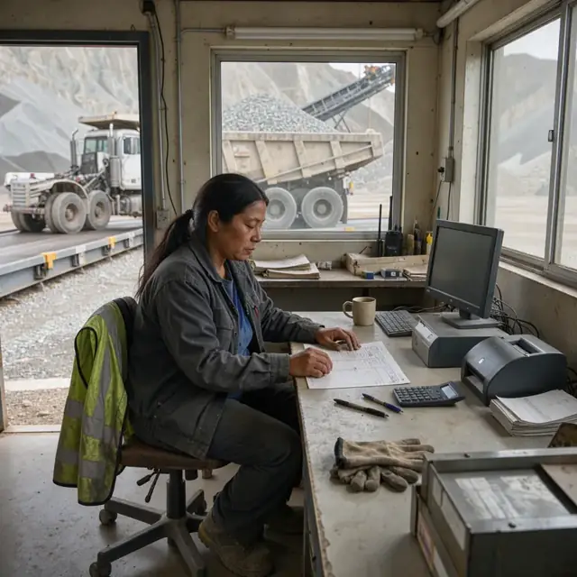a worker processing a load ticket inside a small weigh shack beside a loaded dump truck on a quarry scale