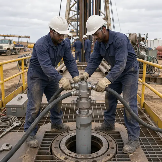 a worker connecting hoses to the cement head on top of a string of casing at a drilling rig floor with the derrick towering above