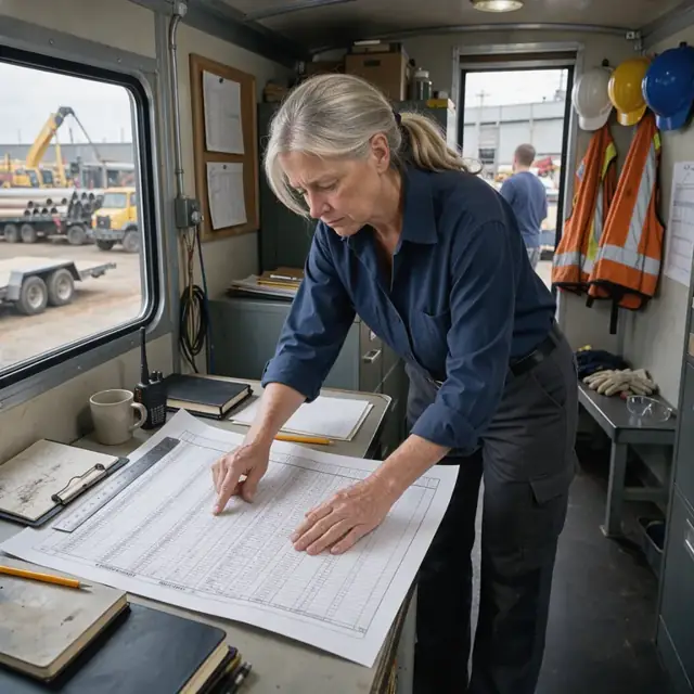 a worker reviewing a large rig schedule printout on the desk of a trailer office with hard hats and safety vests hanging nearby