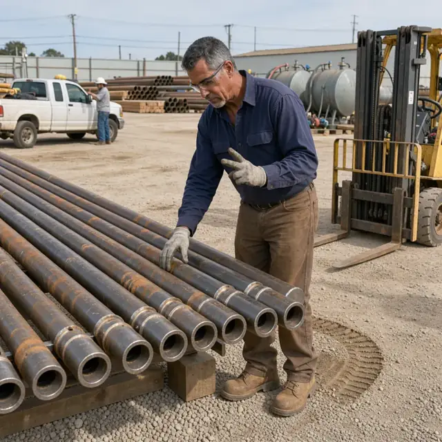 a worker in steel-toed boots counting lengths of drill pipe on a rack at a rig supply yard with a forklift and mud tanks nearby