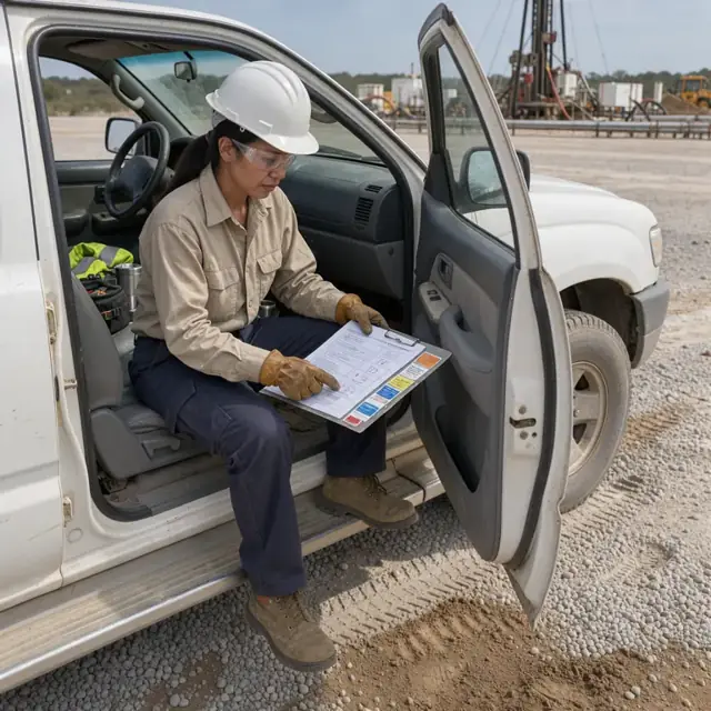 a worker in a pickup truck reviewing a clipboard of drilling permits and inspection stickers at a remote well pad with the rig visible in the background
