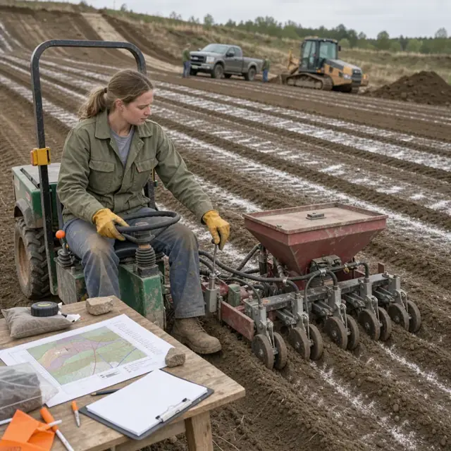 a worker operating a seed drill on a graded and limed reclamation slope with a reclamation plan map unrolled nearby