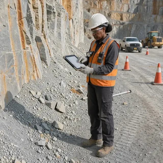 a worker in safety glasses and hard hat completing a pre-shift highwall inspection checklist on a tablet at the base of a rock face