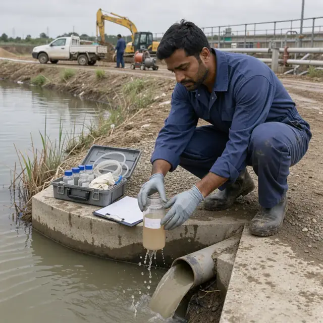 a worker in coveralls collecting a water sample from a settling pond outlet pipe into a labeled plastic bottle