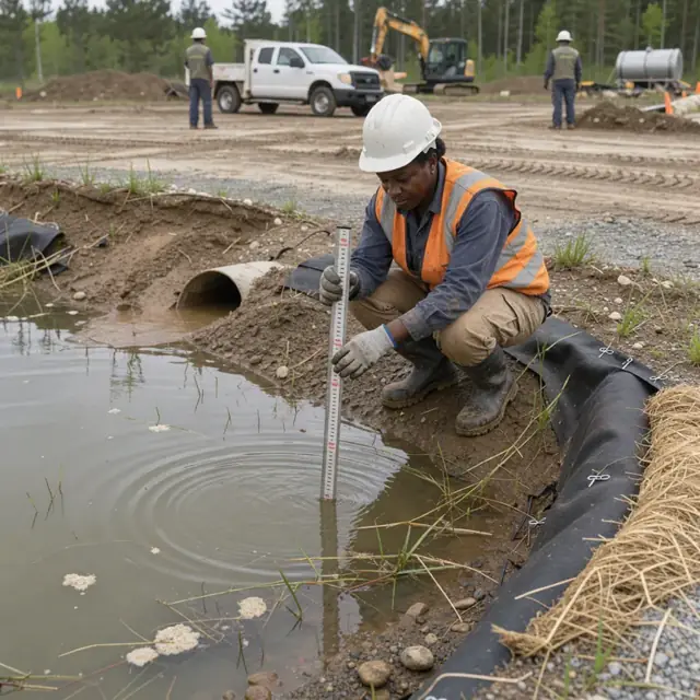 a worker in a hard hat measuring water level in a small sediment pond at the edge of a reclaimed drill pad with erosion control fabric visible