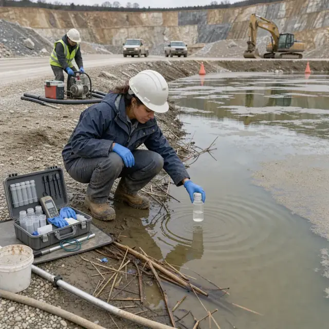 a worker in a hard hat collecting a water sample from a sedimentation pond at the base of a quarry with testing equipment on the bank