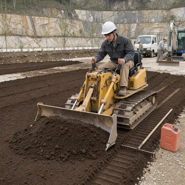 a worker spreading topsoil with a small bulldozer on a reclaimed quarry bench