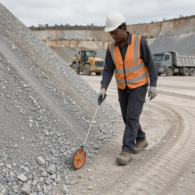 a worker using a measuring wheel to survey the edge of a large conical stockpile of crushed stone at a quarry