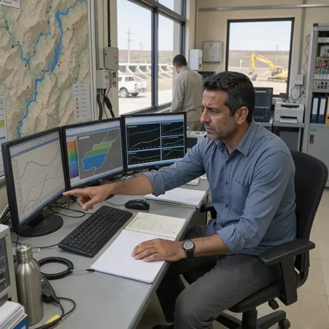 a control room technician reviewing graphs of river flow and reservoir level on multiple computer monitors beside a large topographic map of the watershed