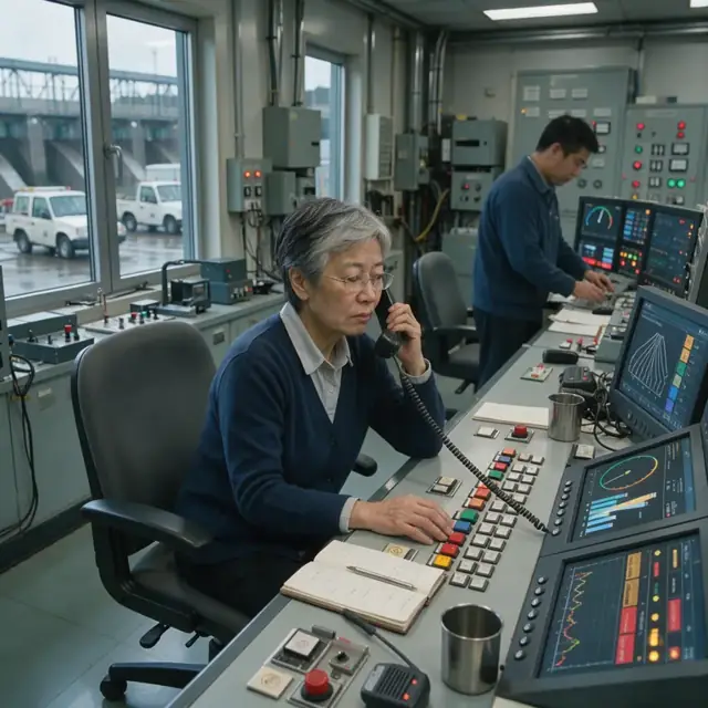a control room technician on the telephone while monitoring alarm screens showing turbine and river level data during an event
