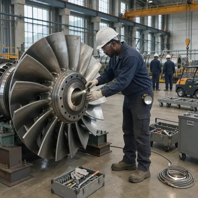 a technician wearing a hard hat inspecting a large hydroelectric turbine runner inside the powerhouse