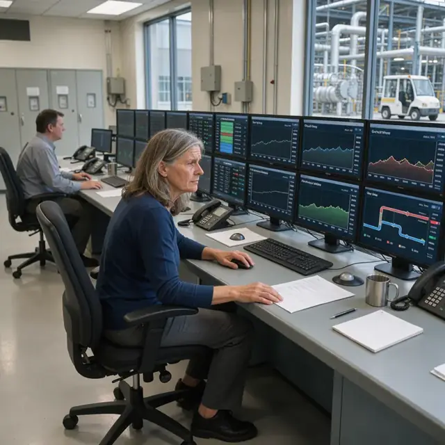 a control room operator reviewing multiple large monitor screens showing real-time grid prices, generation curves and fuel flow data at a large combined-cycle plant console