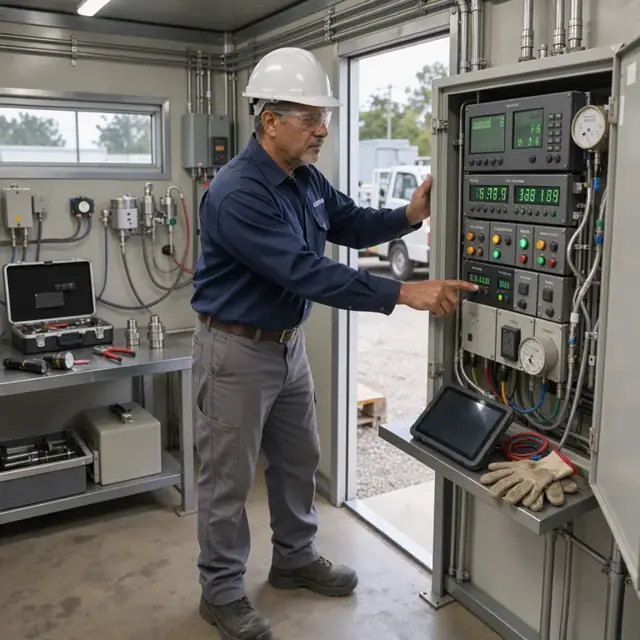 a technician in a hard hat checking digital readouts on a continuous emissions monitoring system panel inside a brightly lit equipment shelter